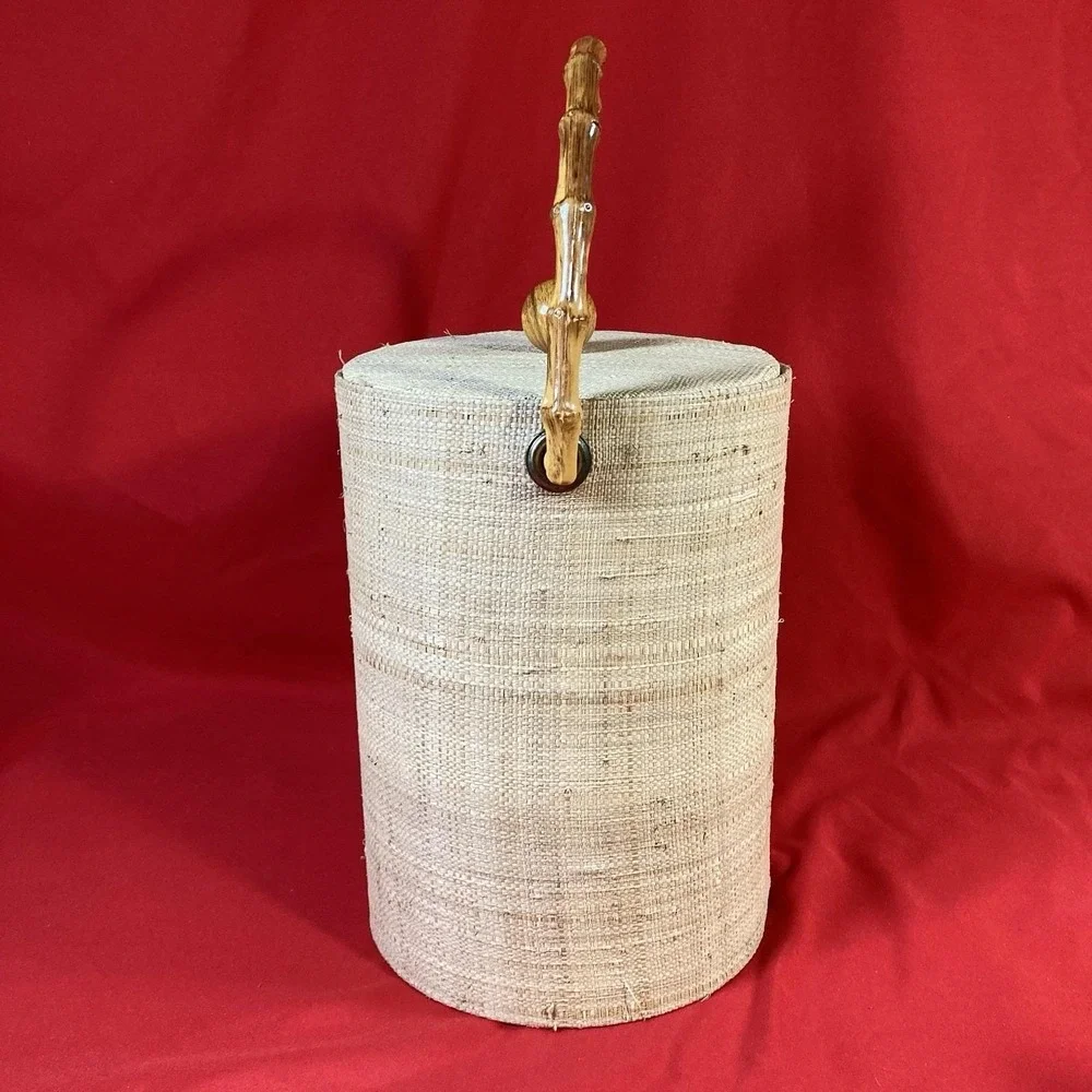 Vintage 1970's  Ice Bucket / Grass Cloth with Faux Bamboo Handle / No Tongs